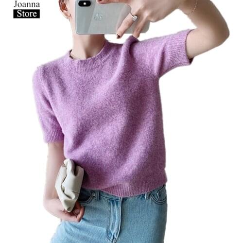 Spring Summer New Short Wool Knit Sweater Women O-Neck Short Sleeve Slim Elegant Soft Tops Office Ladies Plus Size Wild Clothes