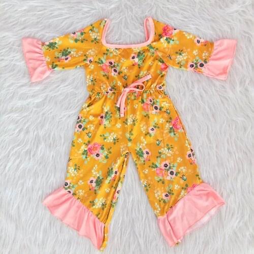 New style fashion kids jumpsuit girl short sleeve romper with reffle baby girl flower pattern romper