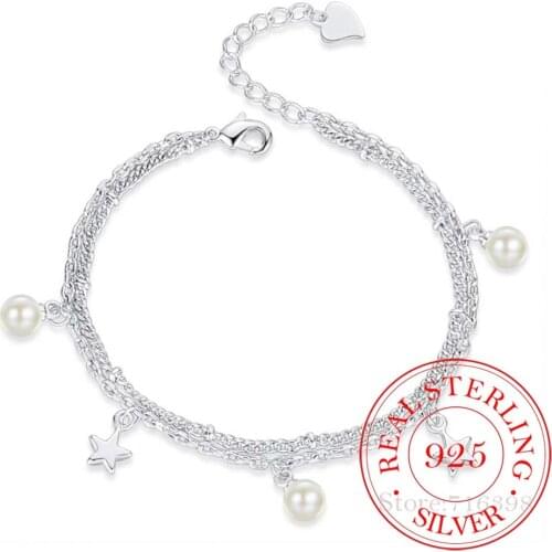OL Simple 925 Sterling Silver Pearl Star Charm Bracelets For Women Valentines Gift Double Layer Chain pulseira