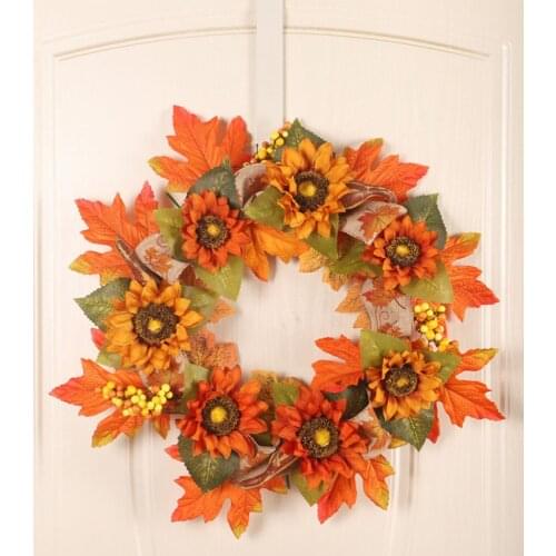 45CM Autumn Wreath Halloween Holiday Decor Thanksgiving Garland Restaurant Home Door Pumpkin Maple Leaf Sun Flower Decor Wreath