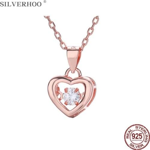 SILVERHOO Sterling Silver 925 Jewelry Hollow Heart Necklace For Women Round Cubic Zircon Pendant Necklaces Valentines Day Gift