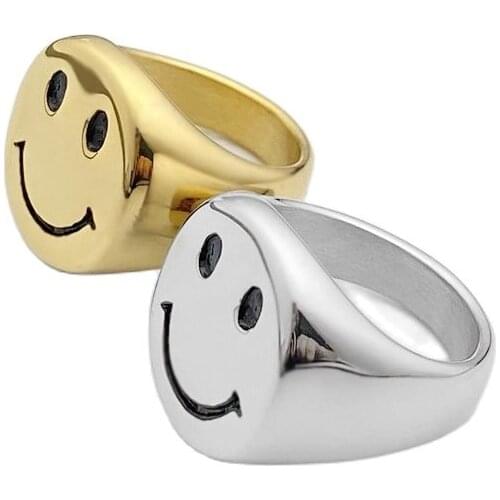 316L Stainless Steel Gold Plated Smiley Face Ring Men And Women Fashion Trendy Simple Ins Titanium Steel Signet Ring