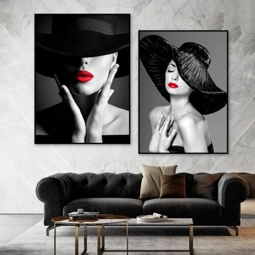 Sexy Red Lips Woman Posters Beauty Model With Hat Canvas Painting Fashion Girl Pictures Print Wall Art Modern Home Decor Mural