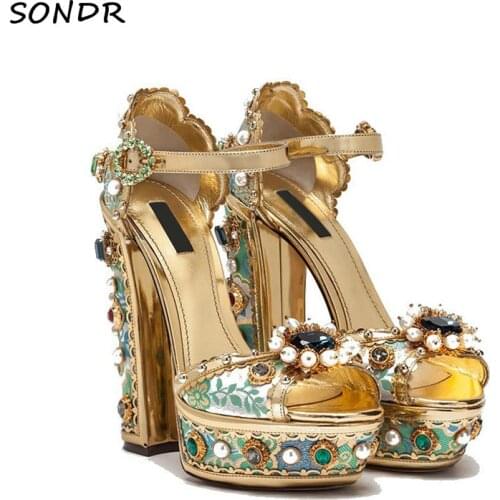 Luxury Bead Embellished Gladiator Sandals Brand Design Chunky High Heel Shoes Summer Crystal Platform Wedding Sandals Mujer 2020