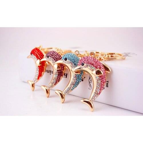 Rhinestone Cute Blue Crystal Dolphin Handbag Keychain Stylish Purse Bag Buckle Pendant For Car Keyrings Key Chains Holder