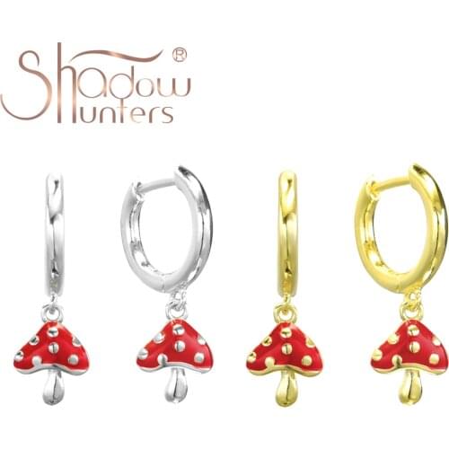 SHADOWHUNTERS 100% 925 Sterling Silver Dangle Red Mushroom Huggies Drop Earrings For Women Charming Earrings Jewellery Piercings