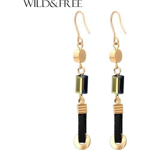 Vintage Women Black Leather Gold Drop Earrings Retro Stone Bead Zinc Alloy Europe Small Long Dangle Earrings Jewelry Gift