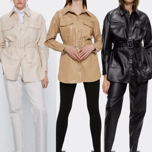 2021 Autumn Winter New Women Fashion Pu Jacket Solid Belted Streetwear Female Singble Breasted Casual Coat High Street Outwear