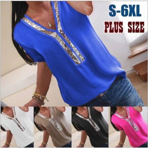 Women Casual Sequins Stitching T-shirt Solid Color V-neck Womens Sequin Short-sleeved T-shirts Top Fashion Street Woman Tee 5XL