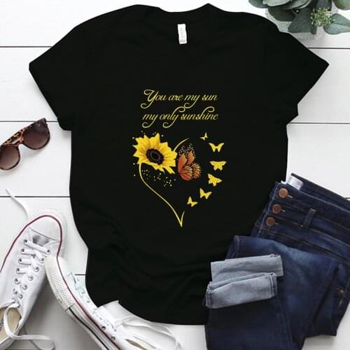 You Are My Only Sunshine Butterfly Flower Graphic T Shirts for Women Harajuku Short Sleeve O-neck Plus Size Woman Tshirts Femme