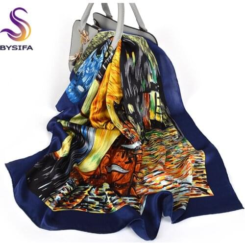 [BYSIFA] Navy Blue Scarves Fashion Brand Oil Painting Cafe Design 100% Silk Scarf Shawl Fall Winter Women Square Scarves 88*88cm
