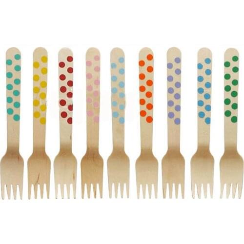 2000 pcs 14 CM Colorful Polka Dot Striped Wooden Fork Spoon Cream Disposable Wooden Tableware Eco-friendly for Wedding