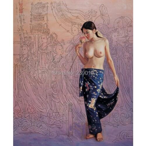 Free shipping women nude art prints oil painting Chinese style canvas painting lotus canvas prints home decoration picture