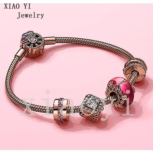 XIAOYI 2020NEW S925 Rose color, pink romantic forest fan fan-shaped Bracelet Wedding Party Jewelry compatible fit female