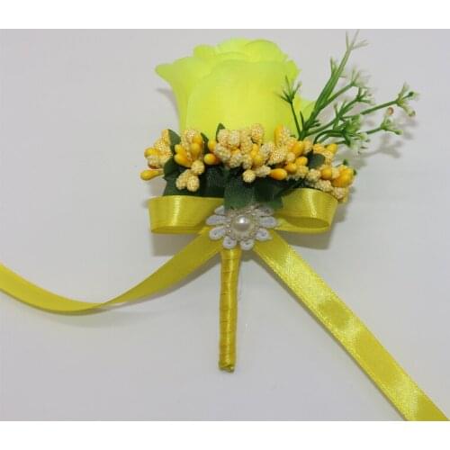 Best Man Groom Boutonniere Yellow Silk Satin Rose Different stamens Flower men buttonhole Wedding Party Prom Man Suit Corsage