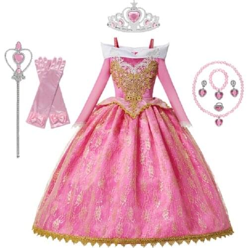 Aurora Dress for Girls Kids Long Sleeves Halloween Sleeping Beauty Costume Children Christmas Birthday Princess Party Ball Gown