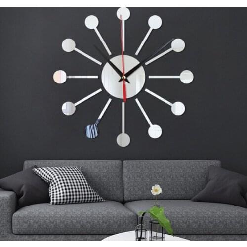 GZ103 Spoon Creative Acrylic Mirror Wall Clock Bedroom Background Wall Mirror Quartz Clock Diy Decorative Wall Clock
