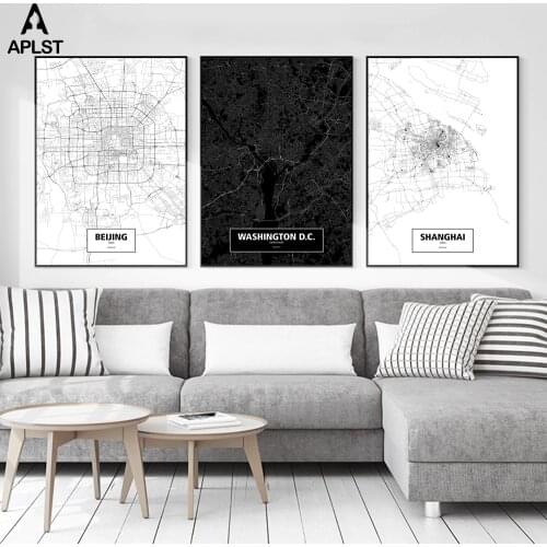 World City Map Washington D.C China Beijing ShangHai Canvas Prints Black and White Wall Art Picture Poster Living Room Decor