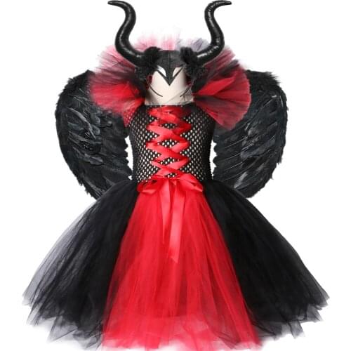 Witch Vampire Halloween Costume for Kids Carnival Party Clothes Red & Black Girls Fancy Tutu Dress Evil Queen Cosplay Dresses