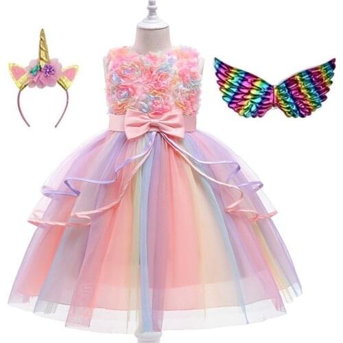 2021 Unicorn Girls Dress Summer For 4 6 8 10 Years Flower Girl Wedding Colorful Clothing Kids Birthday Party Princess Costume
