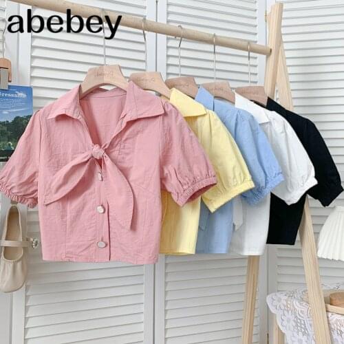 Sweet versatile turn-down collar puff sleeve Shirt lace up bow single breasted solid Shirt Top 2021 New Summer