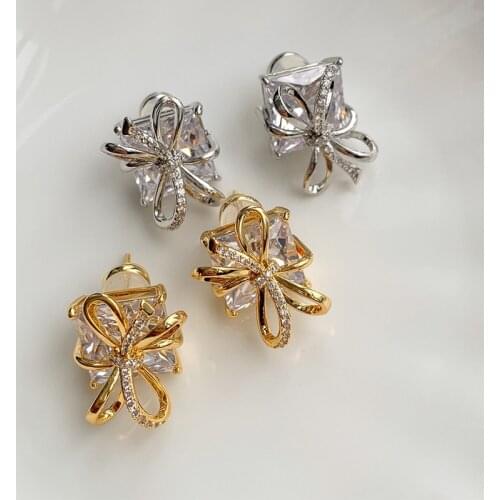 Fashion Bow Stud Earrings Square Dazzling Crystal Zircon 925 Silver Delicate Piercing Jewelry For Women Wedding Birthday Gift