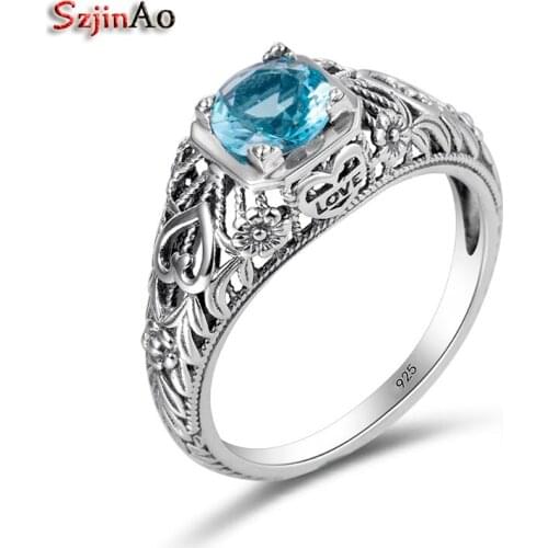 Szjinao Birthstone Love Ring Cushion Aquamarine Fashion Korean Wedding Ring 100% 925 Sterling Silver Jewelry Wholesale anel