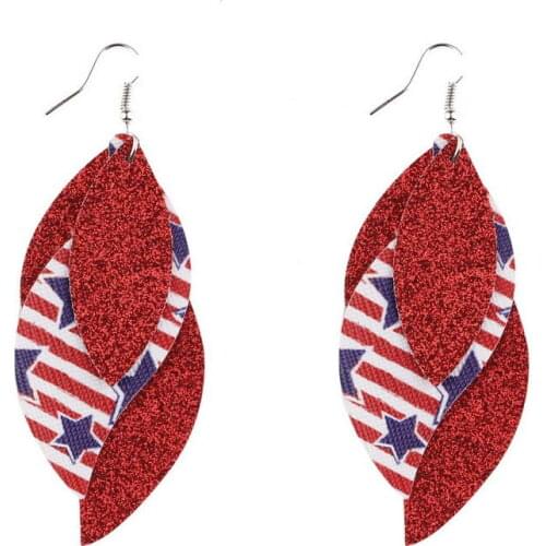 American Independence Day Festival Glittle Stars and Stripes 3 Layers Leather Dangle Drop Earrings Independence Day Leather