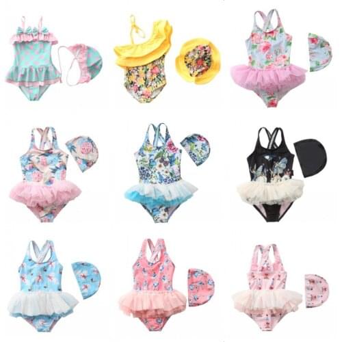 New Style Summer Swimming Suit With Cap For Girl Cute One-Piece Baby Kids Swimsuit Skirt Little Princess Swimming Costume