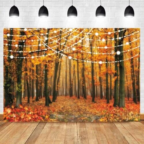 Autumn Backdrops For Photography Forest Fallen Maple Leaves Light Bulb Party Child Natural Scenic photo Background Photo Studio
