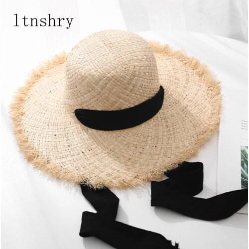 Summer spring Fashion Womens Weave Raffia Straw Hat Wide Brim Sun hat With ribbon Outdoor Holiday Flat Round Top Beach Hat