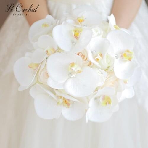 PEORCHID Crystal Wedding Bouquet De Novia 2019 Ivory Bridesmaids Bouquet Artificial Silk Flowers Roses Orchid Bridal Bouquet