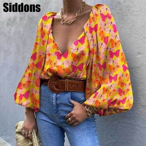 Long Sleeve Women Blouses 2021 V Neck Butterfly Printed Blouse Shirt Casual Tops Elegant Work Wear Shirts