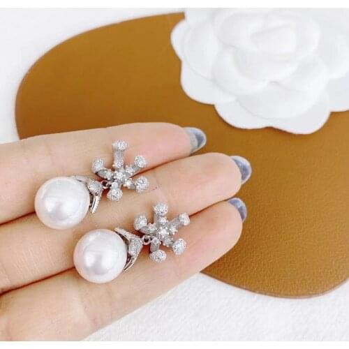 MJ114 Solid S925 Silver Round 11-12mm Nature Fresh Water White Pearls Drop Dangle Earrings for Women Fine Presents with Zircons