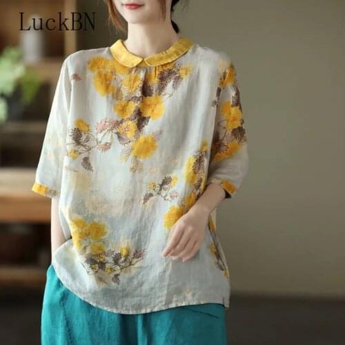 Blouses 100% Natural Cotton Embroidered Shirt Women 2021 Summer Stand Literary Long Sleeve Blouse Women Tops Plus Size Blusas