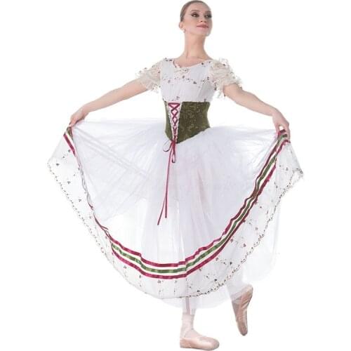 All For Dance New Puff Sleeves Flowers Mesh Top With Ribbon Girl&Women Ballet Dance Dress Dance Wear Ballerina Long Dress