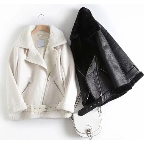 Female Loose Coat with Belt Outwear New Autumn Winter Women Faux Lamb Leather Jacket Streetwear Thickness Sheepskin