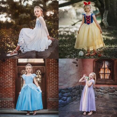 Cinderella Princcess Toddler Girls Cotton Dress With Crown Wand Children Kids Frozen Elsa Anna Cosplay Costumes Clothes 2-10T