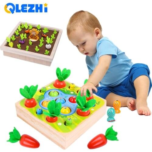 Kids Montessori Toy Wooden Magnetic Games Fishing Toy Catch Worm Pulling Carrot Game 3D Fish Kids Educational Toys Funny Gifts