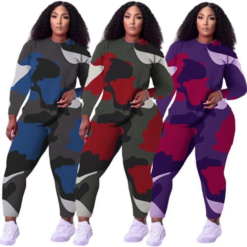 Plus Size Camouflage Tracksuit Women Two Piece Set Autumn Long Sleeve Pullover Top and Pants Set Sweat Suit Female Lounge Wear