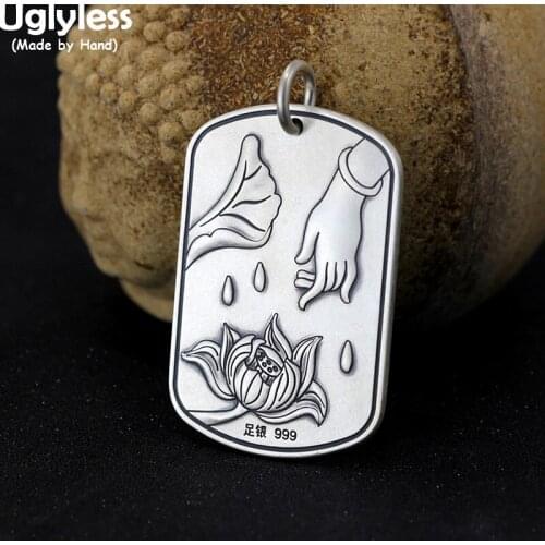 Uglyless Unisex Prajna Paramita Sutra Buddhism Pendants for Men Women Square Necklaces NO Chain 999 Silver Lotus Mantra Jewelry