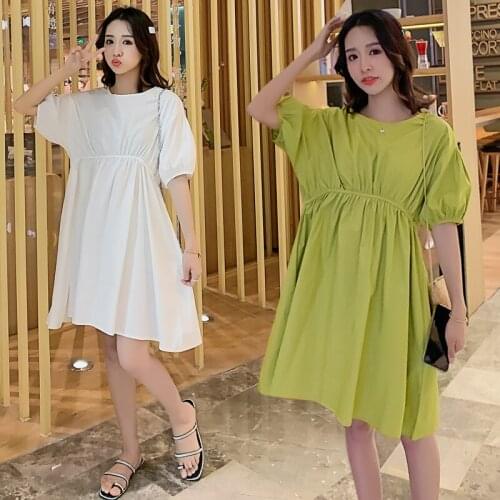 6820# Maternity Clothes Summer Solid Color Short Sleeve Easy Matching Loose Stylish Dress for Pregnant Women Mom Dress