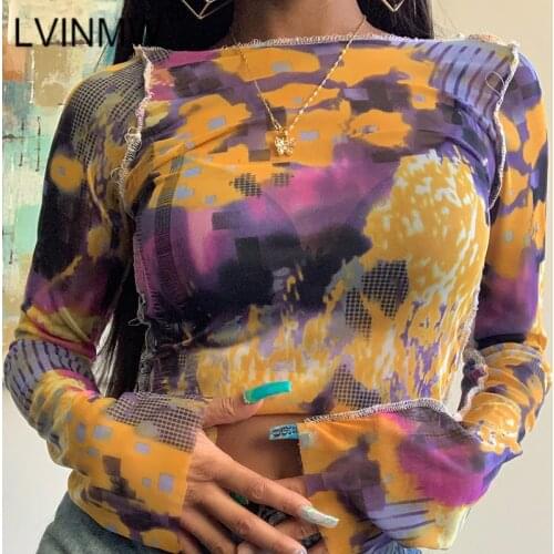 LVINMW Sexy Mesh Transparent Long Sleeve Round Neck Print Crop Top 2020 Summer Women Slim Fashion Retro tshirt Tops Streetwear