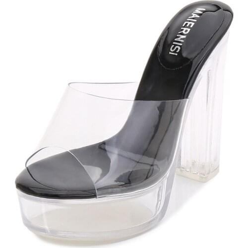 Mclubgirl 2020 Design Womens Sexy Platform Transparent Crystal Heel Thick Heel Waterproof High Heel Slipper Origin WZ-3001-3