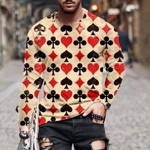 New fashion mens T-shirt long-sleeved playing cards 3D printed round neck short-sleeved street trend tops