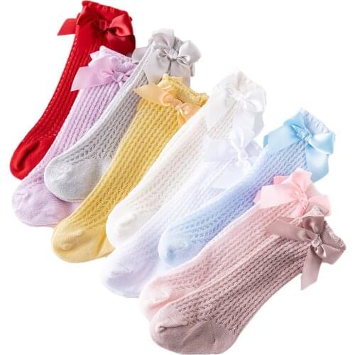 Newborn Baby Girl Mesh Socks Breathable Infant Stockings with Bowknot Non-slip Infant Socks Children Cotton Medium Tube Socks