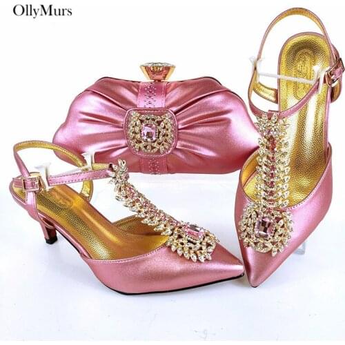 Latest Pink Color Italian Shoes With Matching Bags Set African Decorated With Rhinestone Women Shoes And Match Set For Wedding