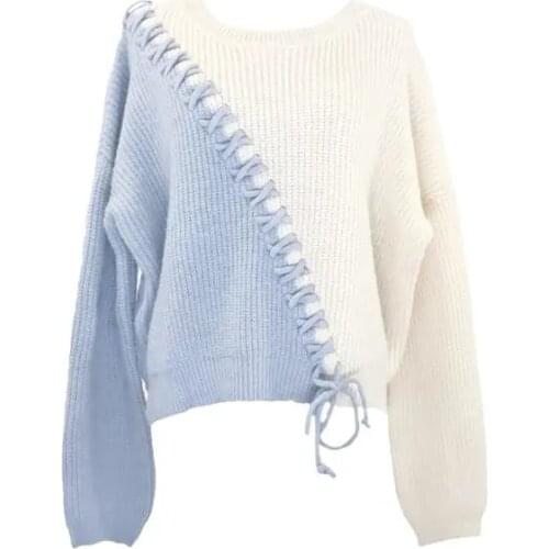 2021new Loose in autumn and winter knitwear womens Pullover loose Korean base coat round neck sweater Two-color stitching