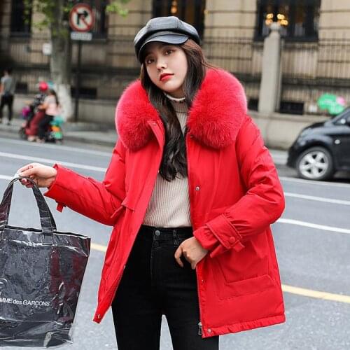 New Down Cotton Jacket Womens Winter Korean Fashion Warm Big Wool Collar Loose Thickened Medium And Long Coat Womens Wear