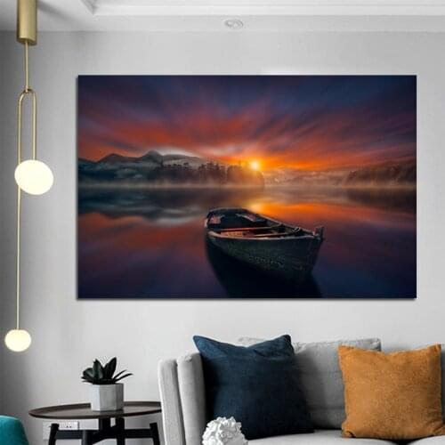 Modern Boat Lake Sunset Landscape Posters and Prints Canvas Painting Wall Picture for Living Room Interior Cuadros Home Decor